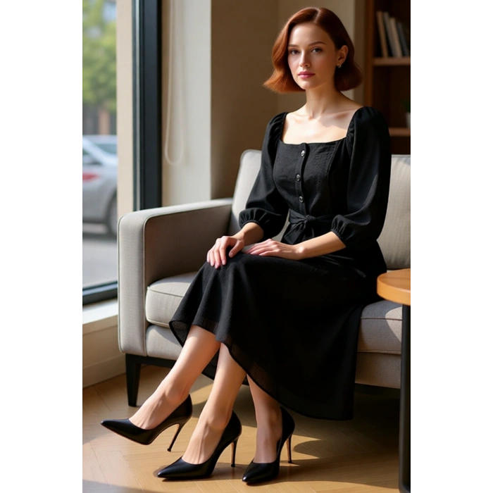 Kadın Kare Yaka Full Düğmeli Midi Boy Kuşak Detaylı Dokuma Balon Kol Gömlek Elbise Kaliteli