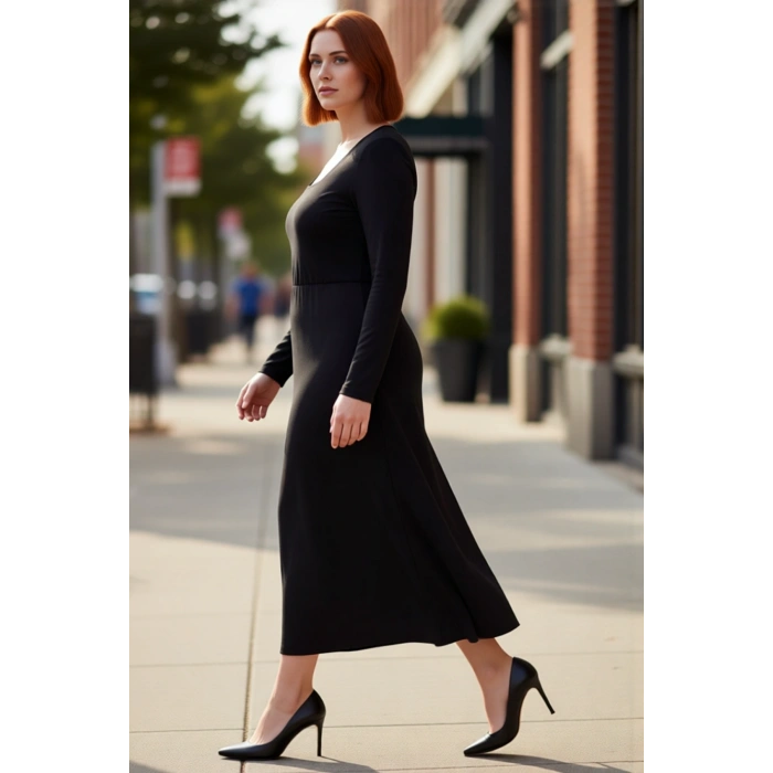 Kadın Kare Yaka Uzun Kollu Örme Maxi Elbise Rahat A Line Kesimi İle Kış Giyimine Uygun Kaliteli