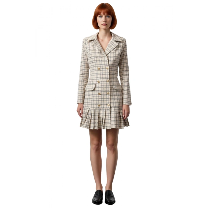 Kadın Kareli Desen Ceket Yaka Fırfırlı Etekli Uzun Kollu Düğmeli %100 Pamuk Tüvit Elbise İş Şıklığı