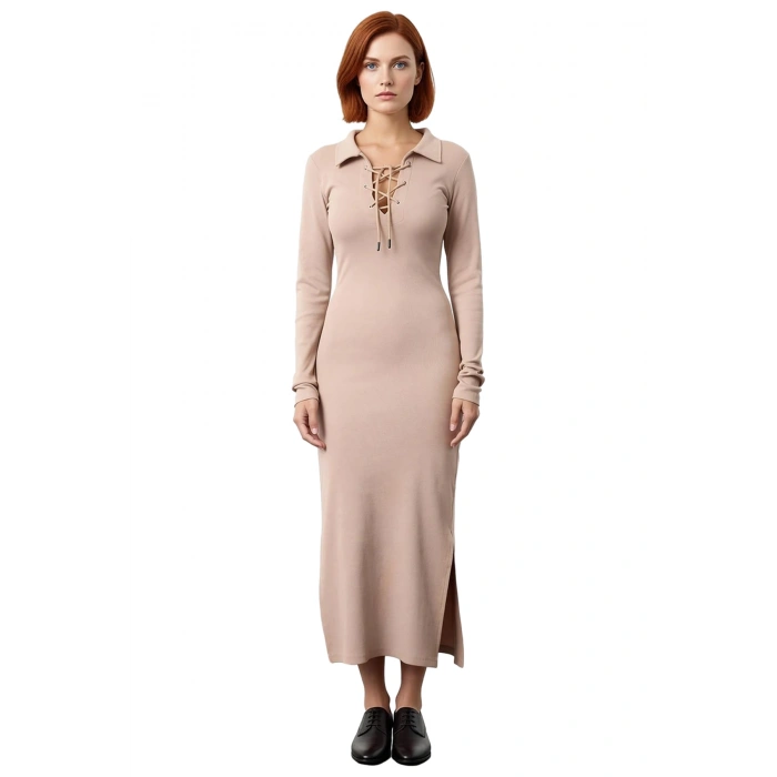 Kadın Kaşkorse Bodycon Uzun Kollu Polo Yaka Bağcık Detaylı Midi Elbise Günlük Şıklık Sunan