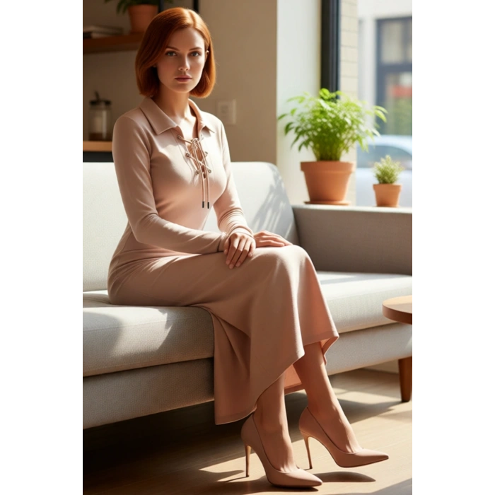 Kadın Kaşkorse Bodycon Uzun Kollu Polo Yaka Bağcık Detaylı Midi Elbise Günlük Şıklık Sunan