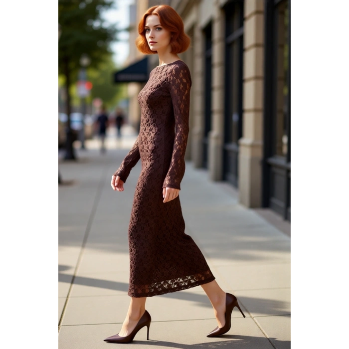 Kadın Kayık Yaka Bodycon Kesim Uzun Kollu Astarlı Dantel Detay Maxi Şık Mezuniyet Elbisesi