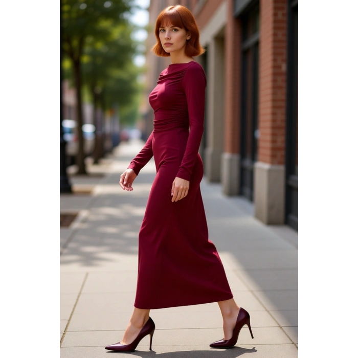 Kadın Kayık Yaka Bodycon Uzun Kollu Midi Elbise Büzgü Detaylı Örme Kumaş Tüm Sezonlar İçin Şık