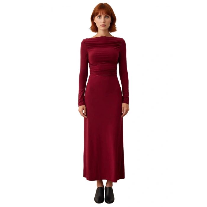 Kadın Kayık Yaka Bodycon Uzun Kollu Midi Elbise Büzgü Detaylı Örme Kumaş Tüm Sezonlar İçin Şık