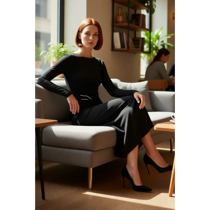 Kadın Kayık Yaka Düşük Kol Şık Düz Desen Bodycon Maxi Örme Elbise Kış Sezonu Zarafeti Sunar