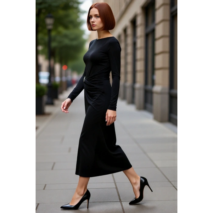 Kadın Kayık Yaka Düşük Kol Şık Düz Desen Bodycon Maxi Örme Elbise Kış Sezonu Zarafeti Sunar