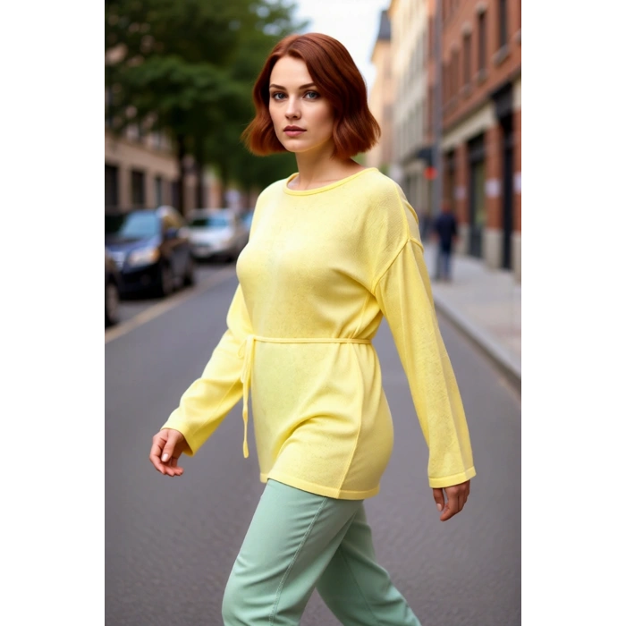 Kadın Kayık Yaka Düz Regular Kalıp Uzun Kollu Triko Kazak Beli Kuşaklı Şık Baharlık Stil Kaliteli