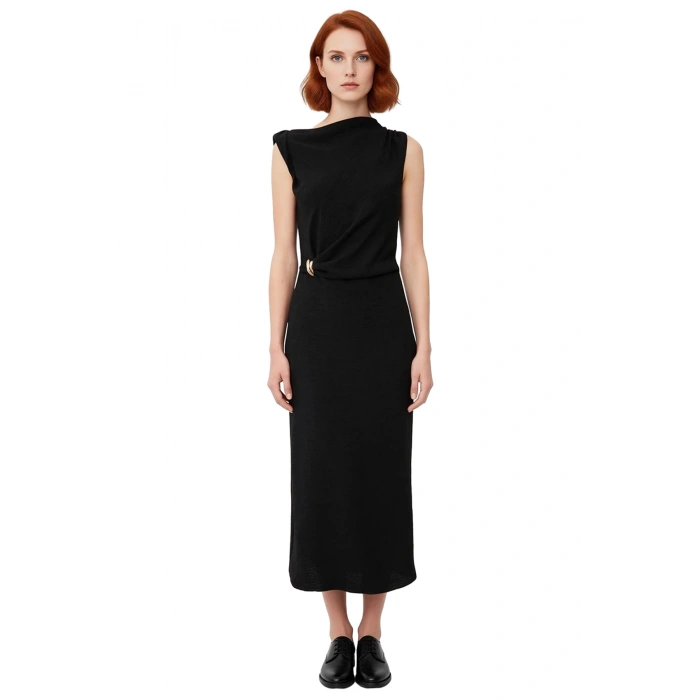 Kadın Kayık Yaka Kolsuz Düz Desenli Dokuma Midi Elbise Casual Ortamlar İçin Zarif Ve Rahat