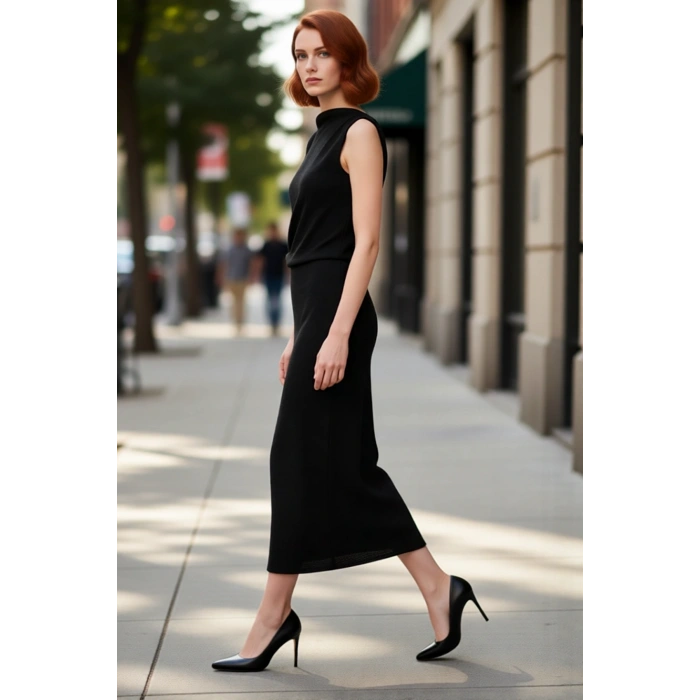 Kadın Kayık Yaka Kolsuz Düz Desenli Dokuma Midi Elbise Casual Ortamlar İçin Zarif Ve Rahat