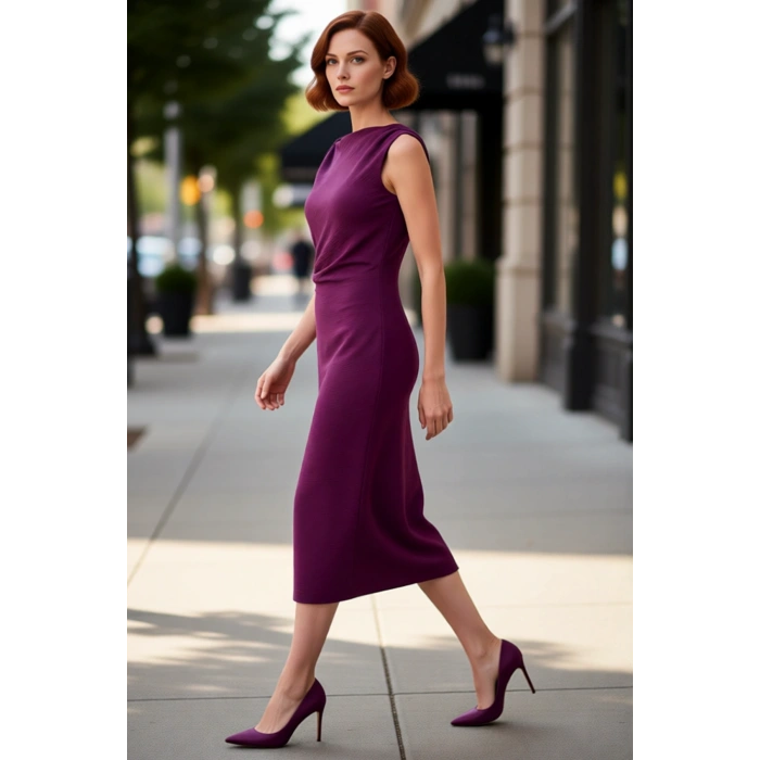 Kadın Kayık Yaka Kolsuz Düz Desenli Dokuma Midi Elbise Casual Ortamlar İçin Zarif Ve Rahat