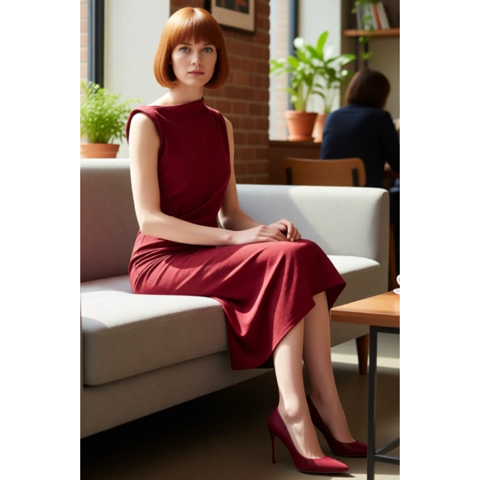 Kadın Kayık Yaka Kolsuz Düz Desenli Dokuma Midi Elbise Casual Ortamlar İçin Zarif Ve Rahat