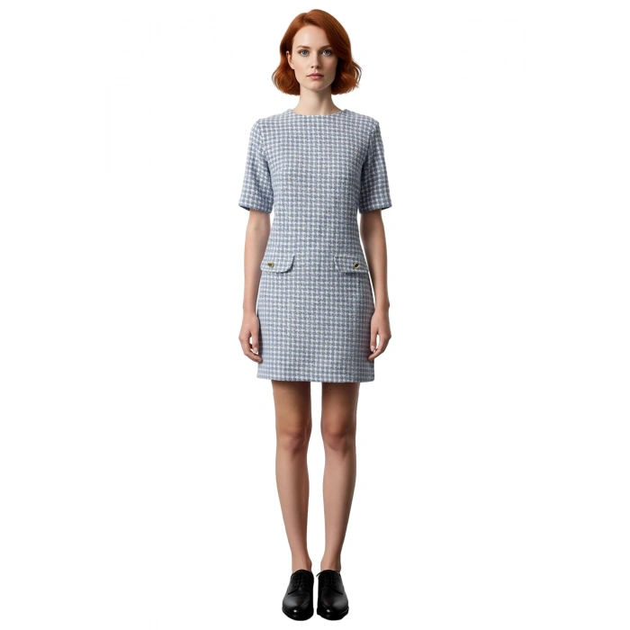 Kadın Kazayağı Desenli Tüvit Kumaş Kısa Kollu Bisiklet Yaka Shift Elbise Gündüz Gece Kullanım