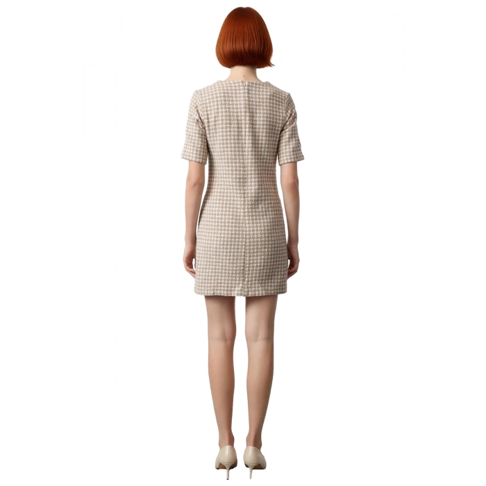 Kadın Kazayağı Desenli Tüvit Kumaş Kısa Kollu Bisiklet Yaka Shift Elbise Gündüz Gece Kullanım