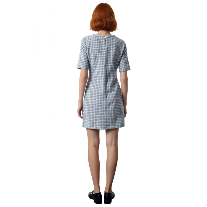 Kadın Kazayağı Desenli Tüvit Kumaş Kısa Kollu Bisiklet Yaka Shift Elbise Gündüz Gece Kullanım