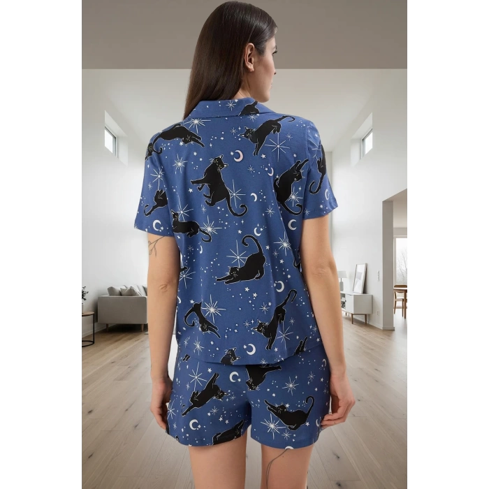 Kadın Kedi Desenli Kısa Kollu Pamuklu Pijama Takımı Seçkin Malzeme Dayanıklı Şık Görünüm