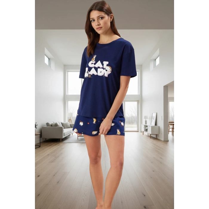 Kadın Kedili %100 Pamuklu Kısa Kollu Pijama Takımı Mükemmel Uyum Dayanıklı Malzeme