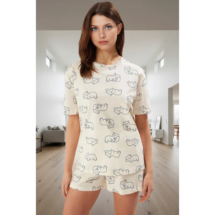 Kadın Kedili Pamuklu Kısa Kollu Pijama Takımı Profesyonel Görünüm Özenle Seçilmiş Modern Stil