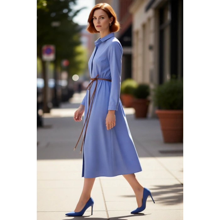 Kadın Kemer Detaylı A Kesim Gömlek Yaka Uzun Kollu Dokuma Tesettür Giyim Maxi Elbise Kaliteli