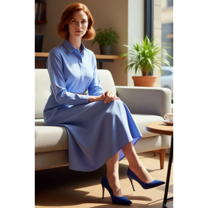 Kadın Kemer Detaylı A Kesim Gömlek Yaka Uzun Kollu Dokuma Tesettür Giyim Maxi Elbise Kaliteli