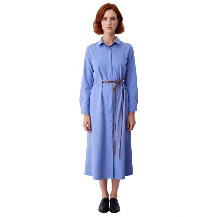 Kadın Kemer Detaylı A Kesim Gömlek Yaka Uzun Kollu Dokuma Tesettür Giyim Maxi Elbise Kaliteli