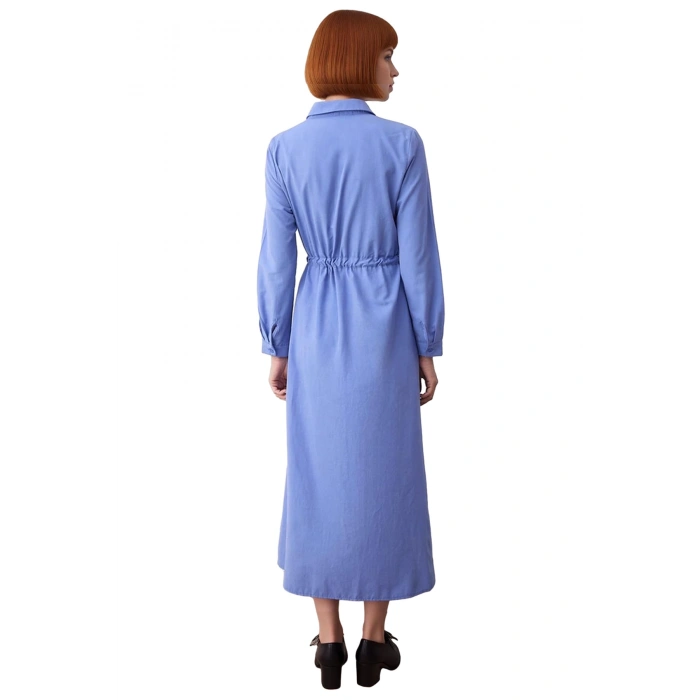 Kadın Kemer Detaylı A Kesim Gömlek Yaka Uzun Kollu Dokuma Tesettür Giyim Maxi Elbise Kaliteli