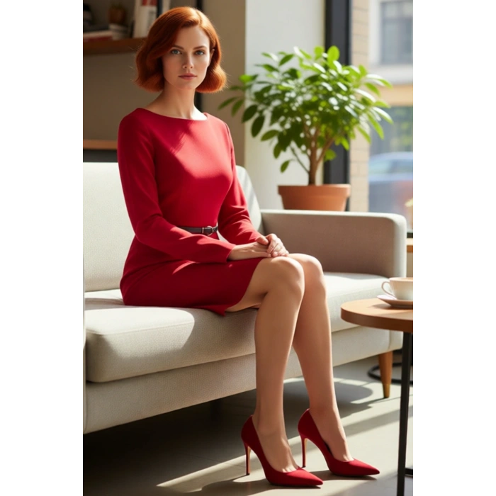 Kadın Kemerli A Kesim Kayık Yaka Uzun Kollu Dokuma Mini Elbise Modern İş ve Günlük Kombinler İçin