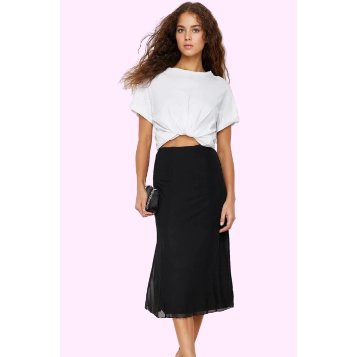 Kadın Kemerli Astarlı Örme Etek Renk Casual Stil Midi Boy Günlük Kullanım Kaliteli Malzeme