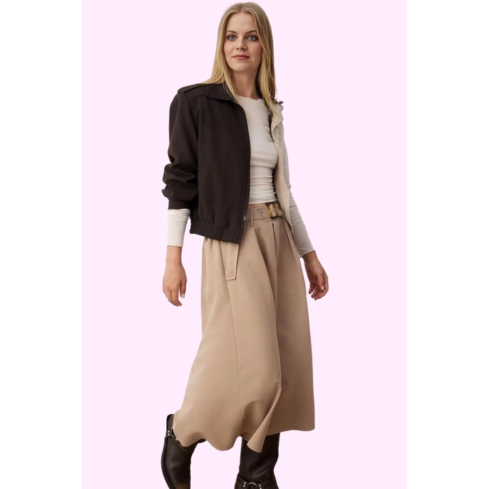Kadın Kemerli Midi Kloş Etek Günlük Casual Stil Polyester Hafta Sonu Yaz Aylarının Vazgeçilmezi