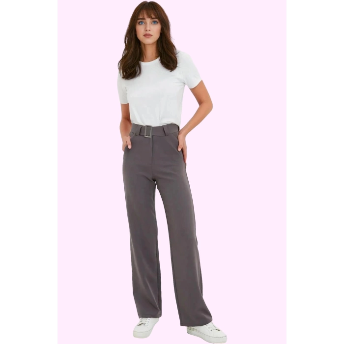 Kadın Kemerli Pantolon Regular Boy Straight Kalıp Finike Dokuma İş Pantolonu Günlük Kullanım