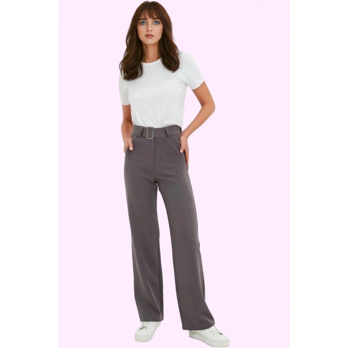 Kadın Kemerli Pantolon Regular Boy Straight Kalıp Finike Dokuma İş Pantolonu Günlük Kullanım