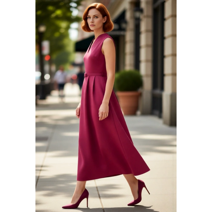 Kadın Kemerli V Yaka Skater Siluet Saten Dokuma Maxi Elbise Gece Davetleri İçin Şık Tasarım