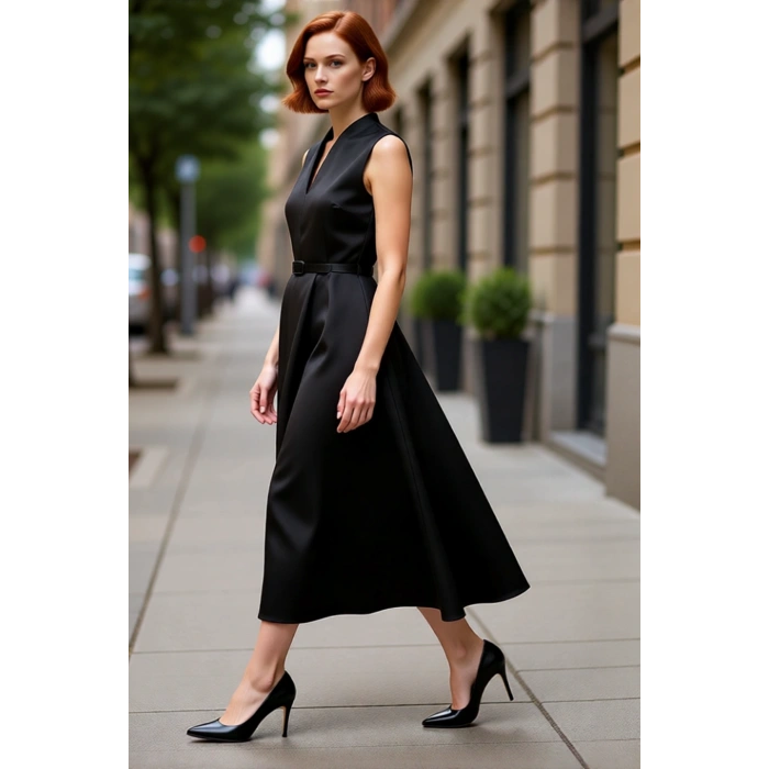 Kadın Kemerli V Yaka Skater Siluet Saten Dokuma Maxi Elbise Gece Davetleri İçin Şık Tasarım