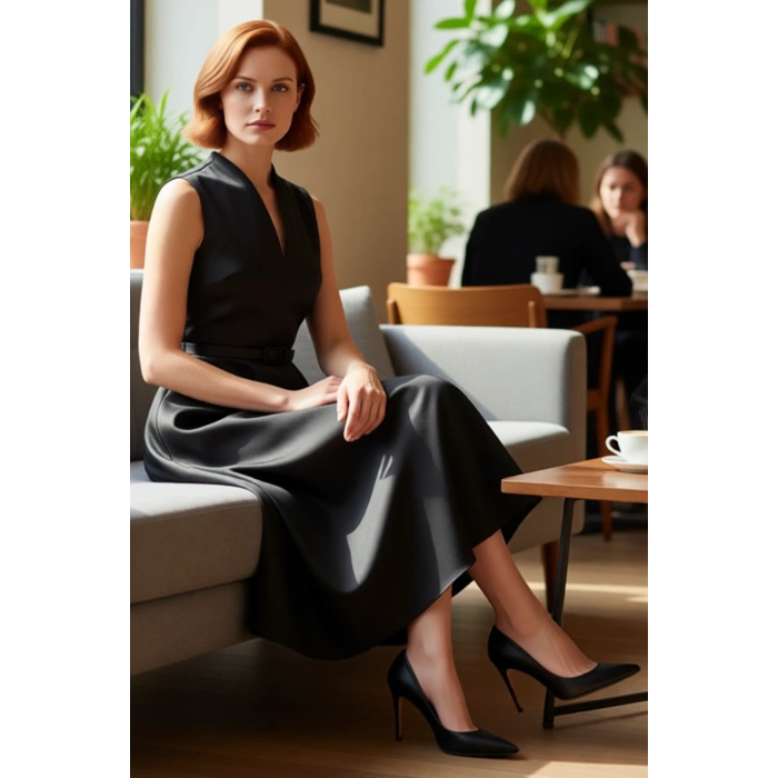 Kadın Kemerli V Yaka Skater Siluet Saten Dokuma Maxi Elbise Gece Davetleri İçin Şık Tasarım