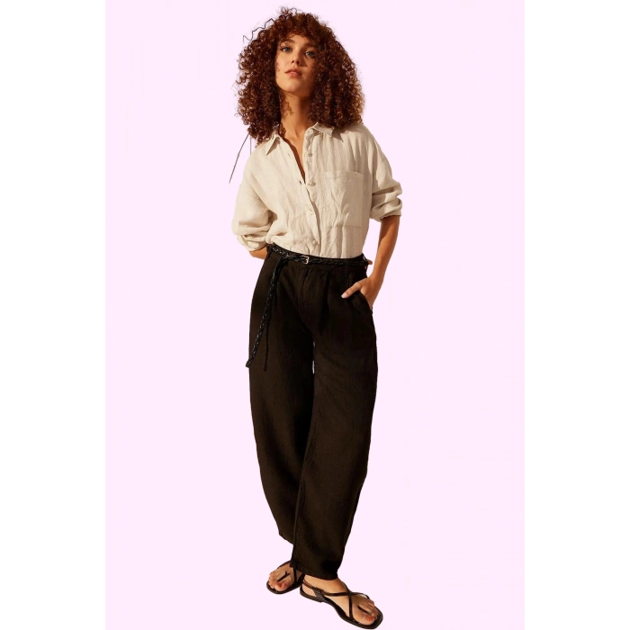 Kadın Keten Boyfriend Pantolon Yüksek Bel Geniş Paça Dokuma Kumaş Günlük Stil Modern Tasarım