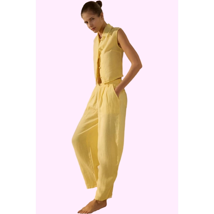 Kadın Keten Boyfriend Pantolon Yüksek Bel Geniş Paça Dokuma Kumaş Günlük Stil Modern Tasarım