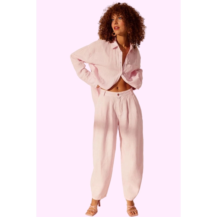 Kadın Keten Boyfriend Pantolon Yüksek Bel Geniş Paça Dokuma Kumaş Günlük Stil Modern Tasarım