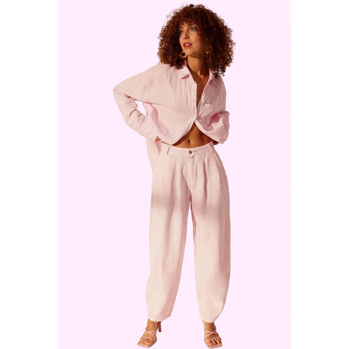 Kadın Keten Boyfriend Pantolon Yüksek Bel Geniş Paça Dokuma Kumaş Günlük Stil Modern Tasarım