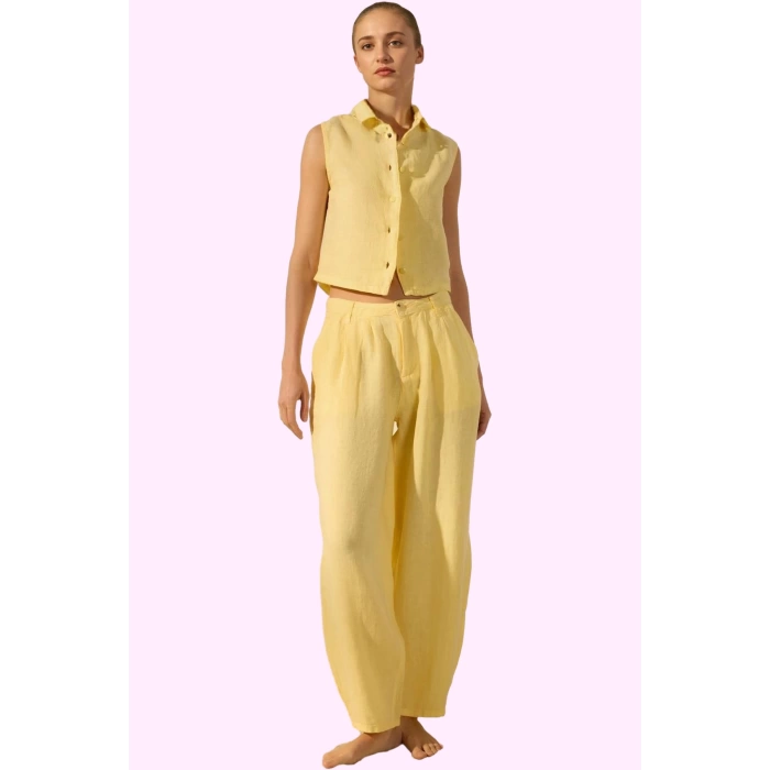 Kadın Keten Boyfriend Pantolon Yüksek Bel Geniş Paça Dokuma Kumaş Günlük Stil Modern Tasarım