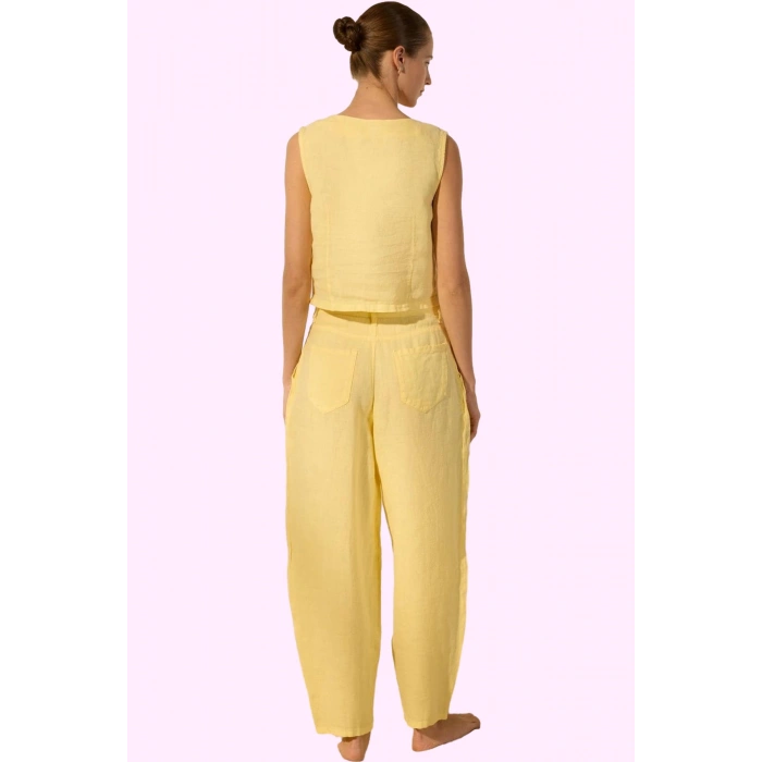 Kadın Keten Boyfriend Pantolon Yüksek Bel Geniş Paça Dokuma Kumaş Günlük Stil Modern Tasarım