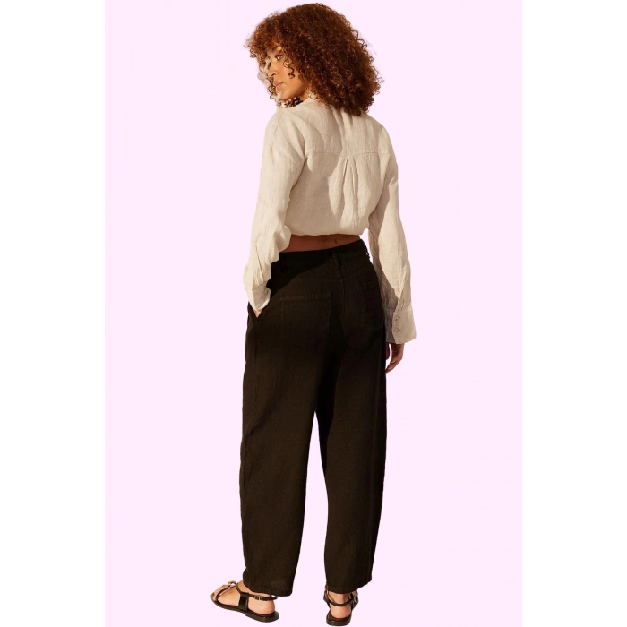 Kadın Keten Boyfriend Pantolon Yüksek Bel Geniş Paça Dokuma Kumaş Günlük Stil Modern Tasarım