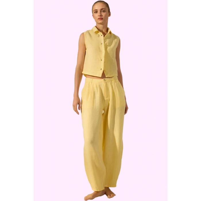 Kadın Keten Boyfriend Pantolon Yüksek Bel Geniş Paça Dokuma Kumaş Günlük Stil Modern Tasarım