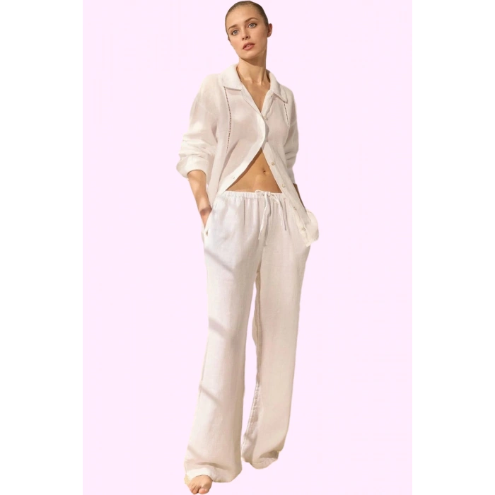 Kadın Keten Denim Kumaş Yüksek Bel Wide Leg Pantolon Uzun Boy Günlük Şıklık Modern Tasarım
