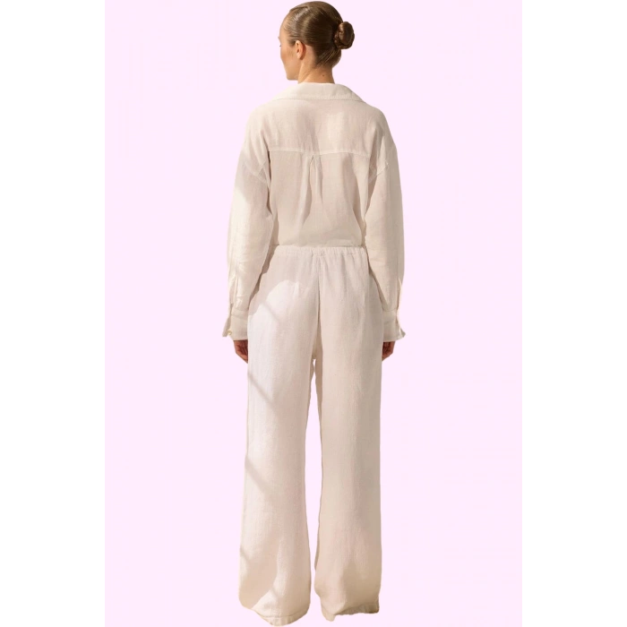 Kadın Keten Denim Kumaş Yüksek Bel Wide Leg Pantolon Uzun Boy Günlük Şıklık Modern Tasarım