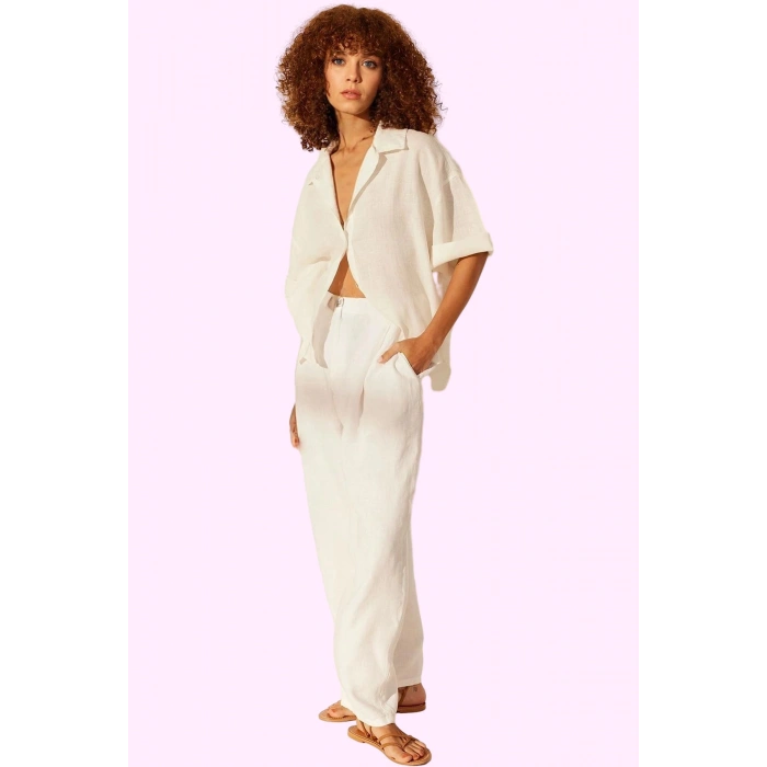 Kadın Keten Geniş Paça Pantolon Yüksek Bel Dokuma Kumaş Günlük Hafta Sonu Kaliteli Malzeme