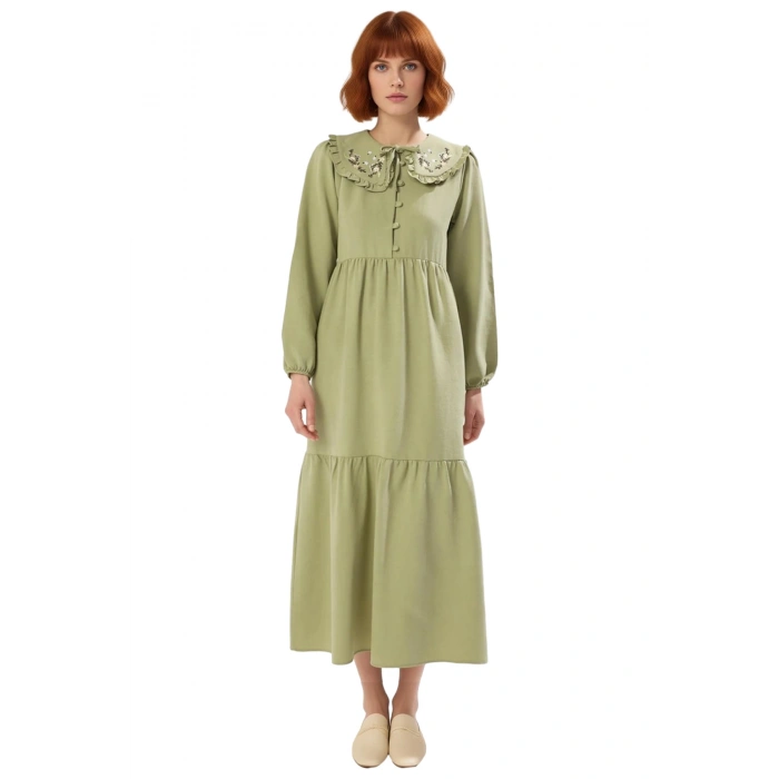 Kadın Keten Görünümlü Dokuma Maxi Elbise Bebe Yaka Balon Kol Nakış Detaylı Rahat Şık Tasarım