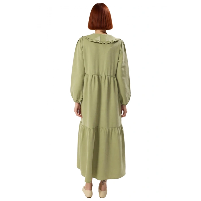 Kadın Keten Görünümlü Dokuma Maxi Elbise Bebe Yaka Balon Kol Nakış Detaylı Rahat Şık Tasarım