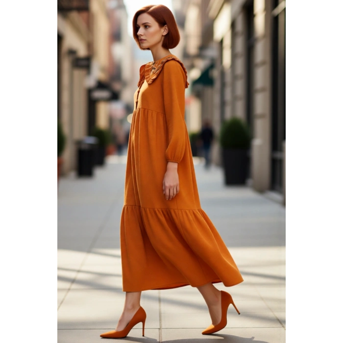 Kadın Keten Görünümlü Dokuma Maxi Elbise Bebe Yaka Balon Kol Nakış Detaylı Rahat Şık Tasarım