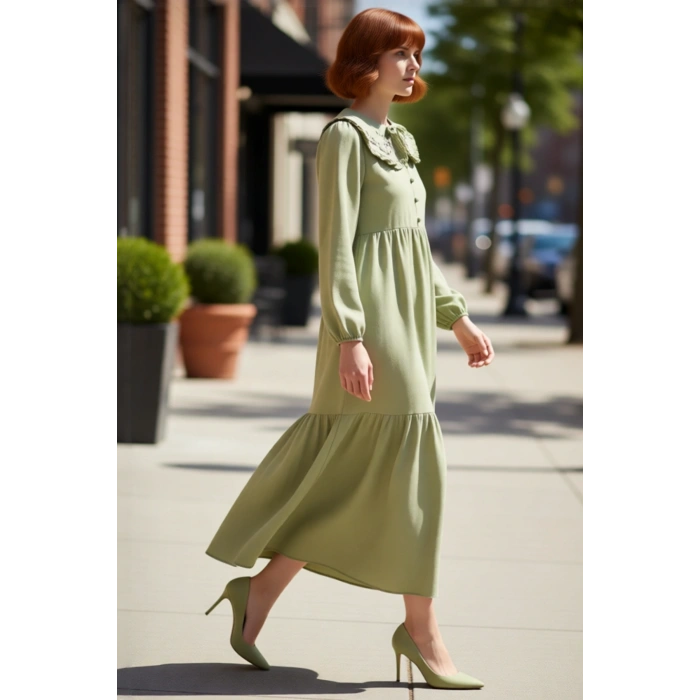 Kadın Keten Görünümlü Dokuma Maxi Elbise Bebe Yaka Balon Kol Nakış Detaylı Rahat Şık Tasarım