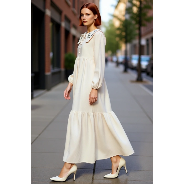 Kadın Keten Görünümlü Dokuma Maxi Elbise Bebe Yaka Balon Kol Nakış Detaylı Rahat Şık Tasarım