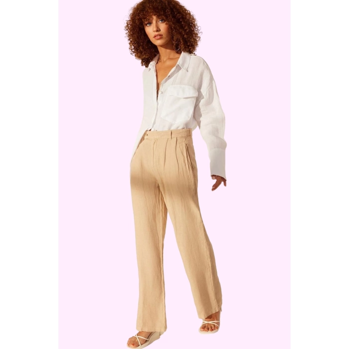 Kadın Keten Pantolon; Renk Yüksek Bel Wide Leg Dokuma Kumaş Günlük Stil Yaz Aylarının Vazgeçilmezi